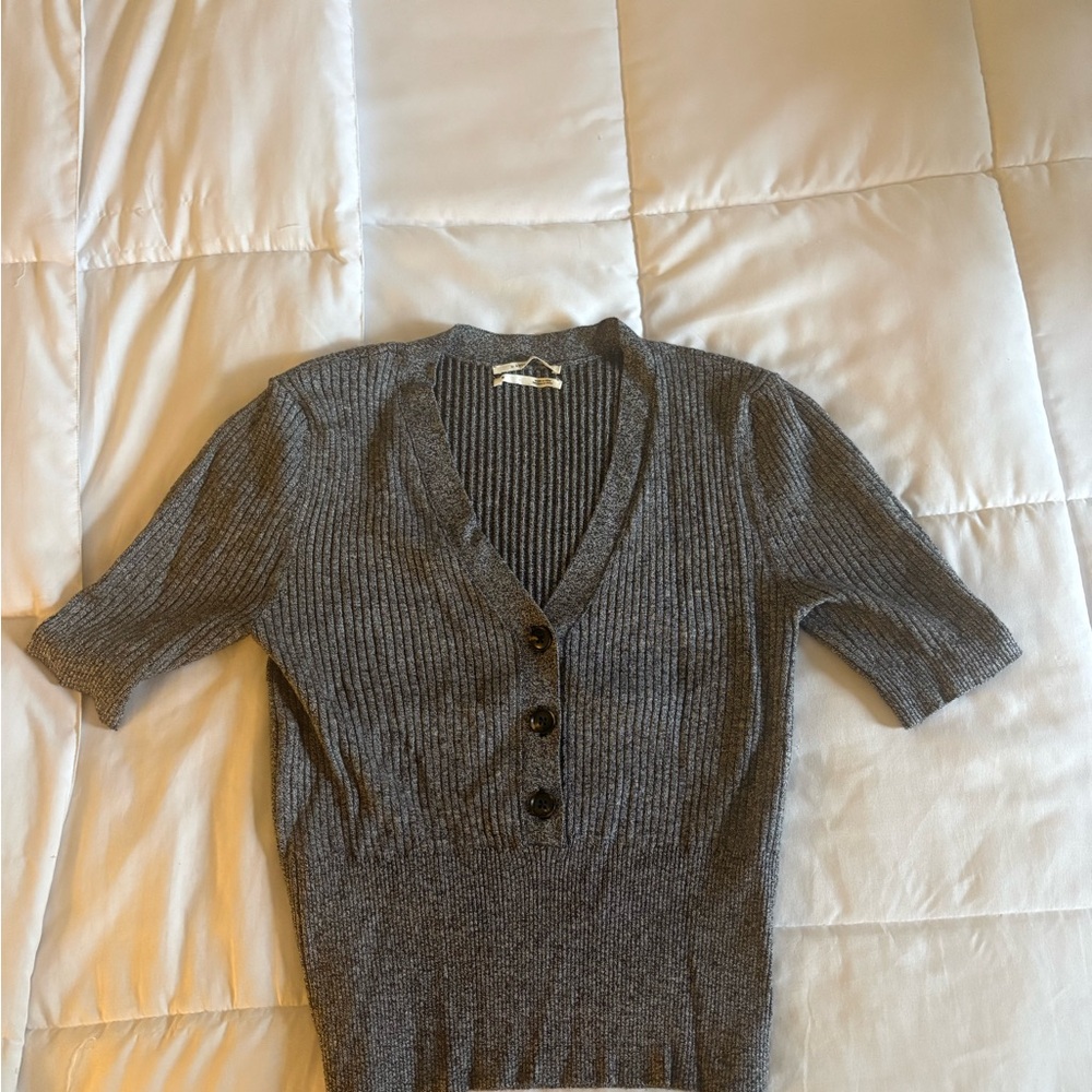Anthropologie Women's Short Sleeve Ribbed V-Neck Sweater - Gray